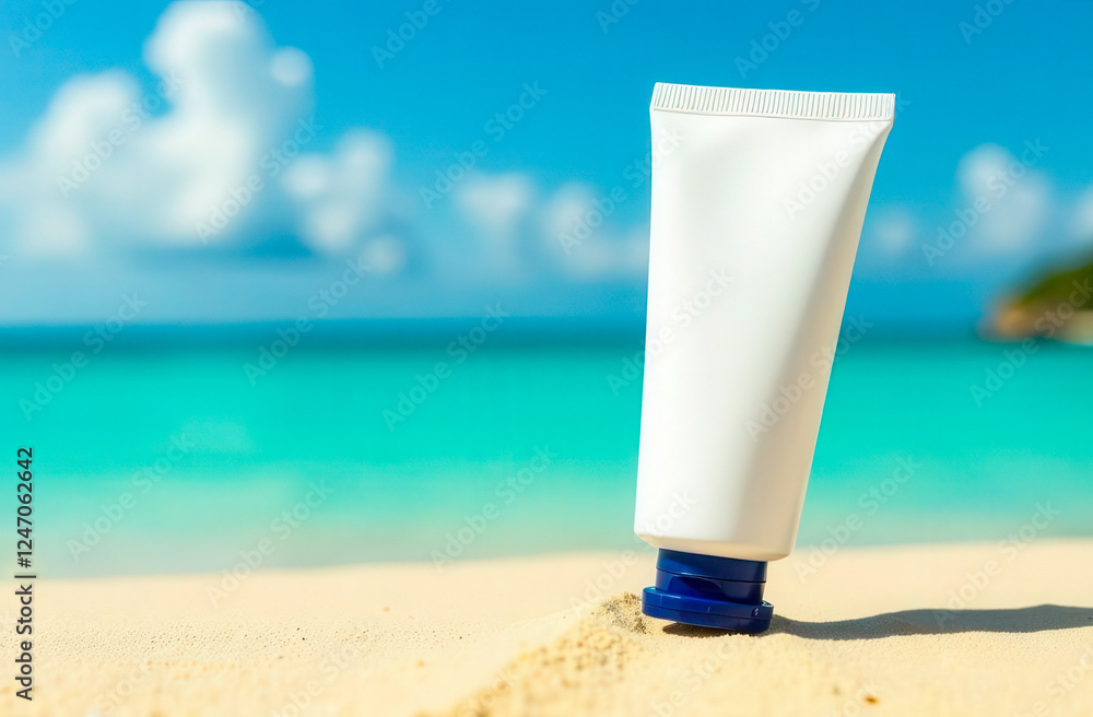 A close-up of a white plastic tube for sunscreen with a blue lid on white sand, against a background of turquoise sea and blue sky. For advertising sun protection products, a place for a logo. A close-up of a white plastic tube for sunscreen with a blue lid on white sand, against a background of turquoise sea and blue sky. For advertising sun protection products, a place for a logo.