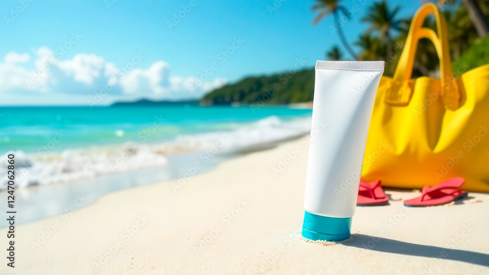 A plastic tube for sunscreen on the sand with a beach bag and flip-flops. Close-up, surf line in the background, a place for the logo. A plastic tube for sunscreen on the sand with a beach bag and flip-flops. Close-up, surf line in the background, a place for the logo.
