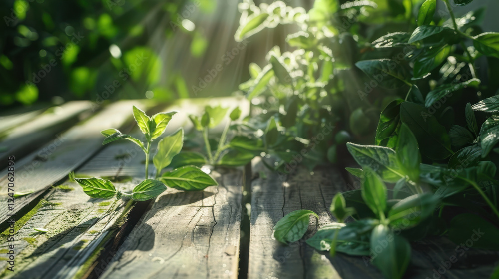 Obraz premium fresh green leaves on wooden background