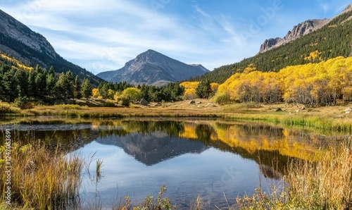 A serene landscape featuring a calm lake surrounded by mountains and vibrant autumn foliage reflecting on the water's surface.