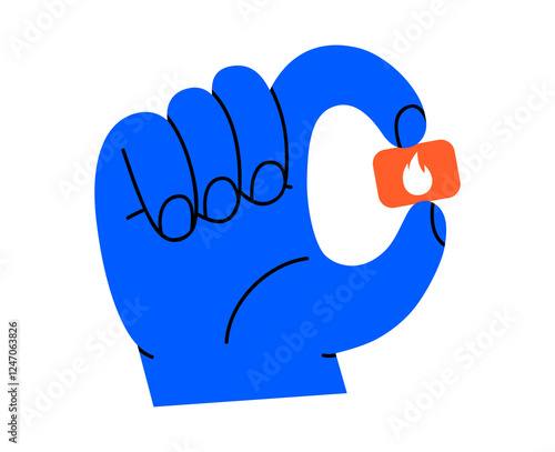 Hand drawn cute illustration of hand holding speech bubble with fire. Flat vector trendy content message in arm doodle. Social media popularity icon. Audience engagement. Follower reaction. Isolated.