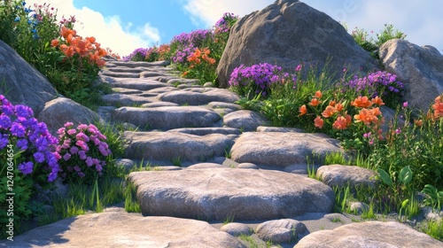 Wallpaper Mural Stone pathway ascending through vibrant wildflowers and rocks under a sunny sky. Torontodigital.ca