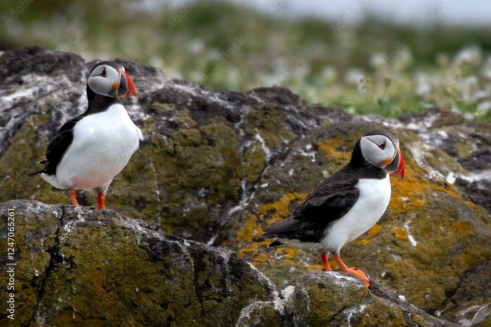 Fototapeta premium Group Of Seabird Species Atlantic Puffin (Fratercula arctica) On The Isle Of May In The Firth Of Forth Near Anstruther In Scotland
