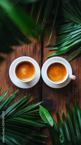 Warm coffee cups with heart latte art surrounded by green palm leaves on wood...