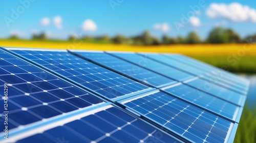 Close-up of solar panels in a vibrant field, showcasing renewable energy and sustainability in nature.