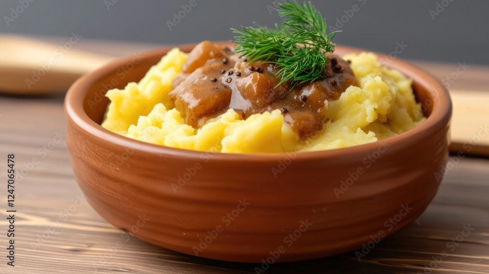 Delicious creamy mashed potatoes served in a rustic bowl with savory gravy and a sprinkle of fresh dill for added flavor. Delicious creamy mashed potatoes served in a rustic bowl with savory gravy and a sprinkle of fresh dill for added flavor.