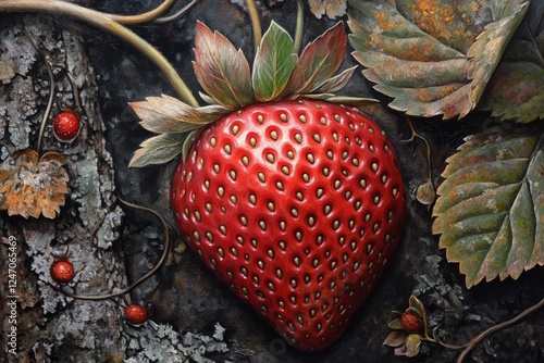 Bright red strawberry sculpture hanging on textured natural background during...