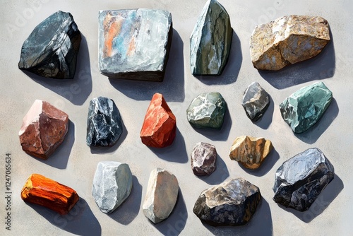 Colorful collection of various rock types displayed on a neutral background f...