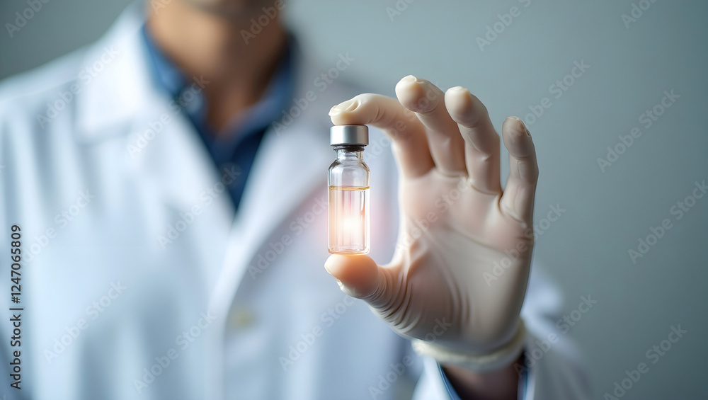 Scientist holding a clear glass vial with transparent liquid in a high-resolution laboratory setting for medical research Scientist holding a clear glass vial with transparent liquid in a high-resolution laboratory setting for medical research