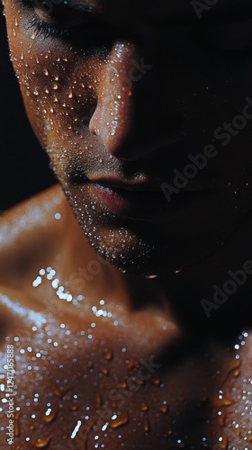 Close-up of glistening skin with water droplets highlighting muscular form in...