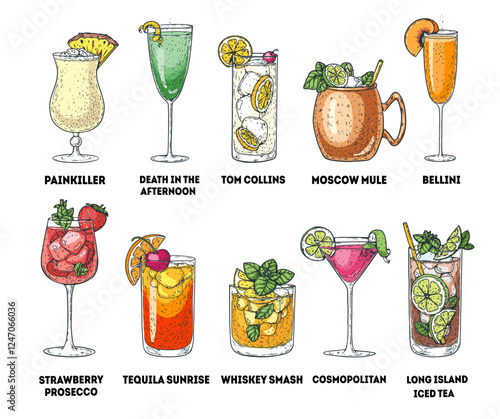 Alcoholic cocktails hand drawn vector illustration. Cocktail glass set. Cognac, brandy, vodka, tequila, whiskey, champagne, wine cocktails.