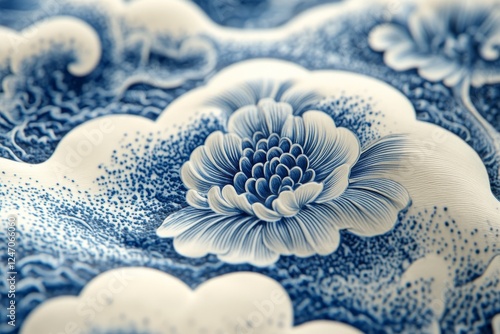 Elegant blue floral design on fabric showcasing intricate patterns and textures