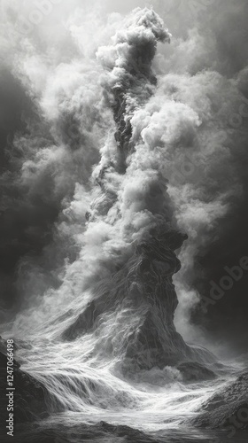 Majestic waterfall cascading through clouds amidst towering rocky peaks in mo...