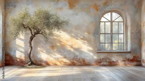 Olive Tree in Rustic Room with Arch Window