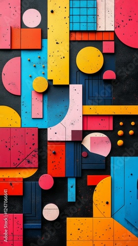 Colorful abstract geometric composition featuring various shapes and textures...
