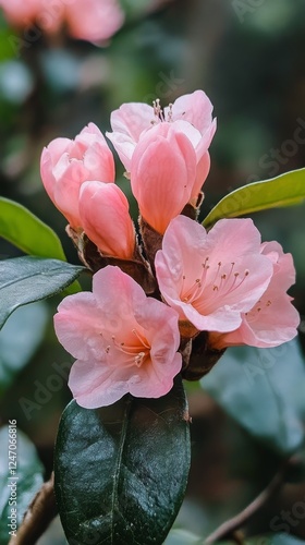 Vibrant pink flowers bloom on a spring branch in a natural setting during gol...