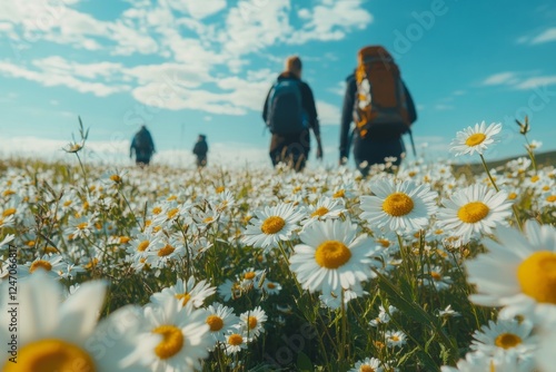 Hikers explore a meadow filled with daisies near a mountain at sunset in a se...