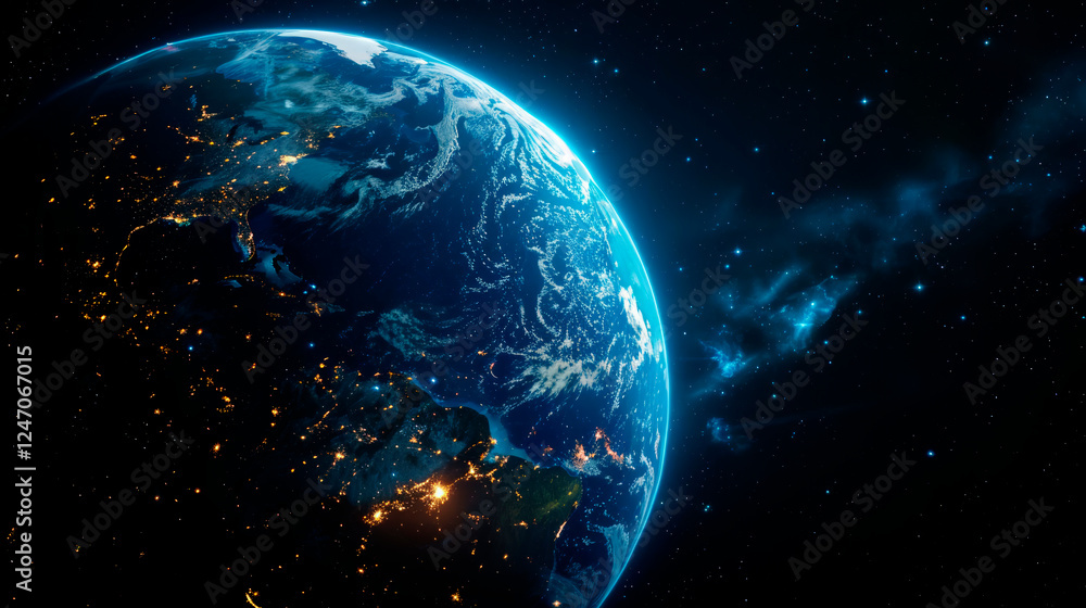 Obraz premium A breathtaking view of Earth from space, showing illuminated cities, swirling clouds over the ocean, and the vast cosmos filled with stars, capturing the beauty and fragility of our planet.