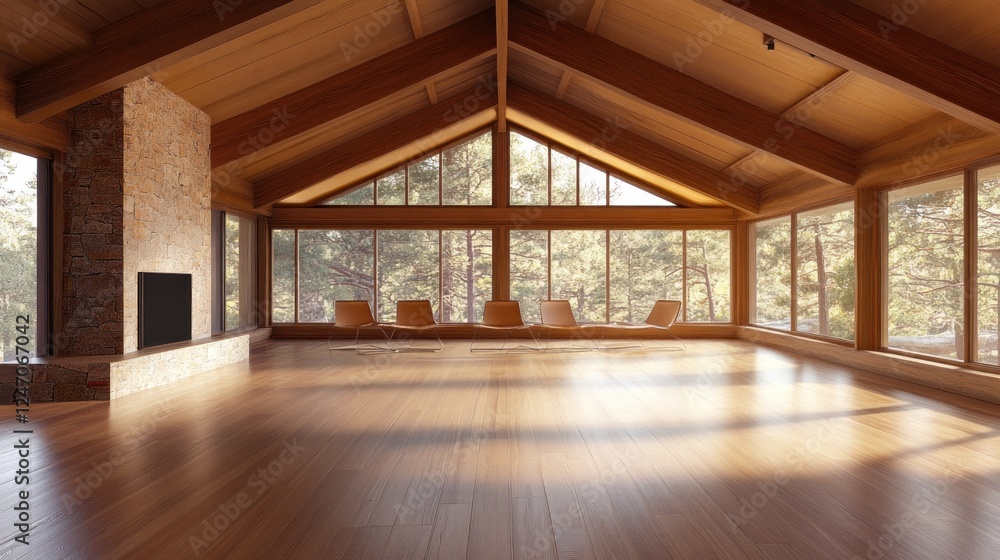 Fototapeta premium Sunlit spacious room with wooden beams, large windows, stone fireplace, and hardwood floor.