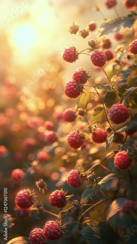 Ripe raspberries hanging on vines illuminated by warm sunlight during golden ...