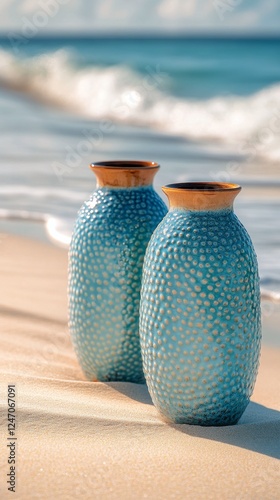 Colorful pottery jars on sandy beach with ocean waves in bright daylight