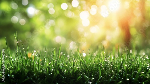 Morning dew glistens on vibrant green grass in a sunlit natural setting