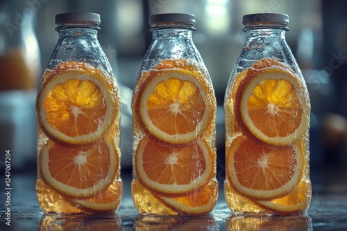 Freshly squeezed orange juice in glass bottles with slices displayed