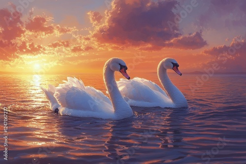 Swans gracefully glide on tranquil water during a stunning sunset