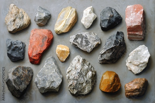 Colorful collection of various rock types displayed on a neutral background f...