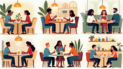 Restaurant and cafe interiors set. People dining at tables, bar counters, cozy coffeehouses. Customers sitting, eating meals in cafeterias, coffeeshops, coffee houses. Flat vector illustrations