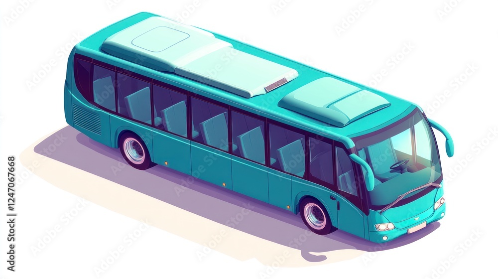 Isometric illustration of a teal city bus, showcasing its design and features. Isometric illustration of a teal city bus, showcasing its design and features.