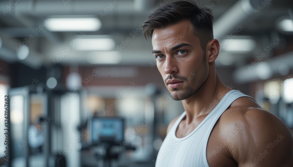 Fit Man Staring at the Camera in a Gym Background Fit Man Staring at the Camera in a Gym Background