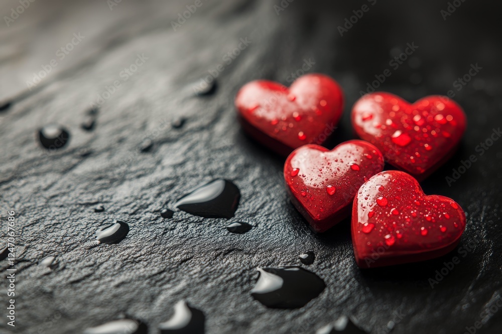 Fototapeta premium Red heart decorations arranged on a textured dark surface for romantic themes and celebrations