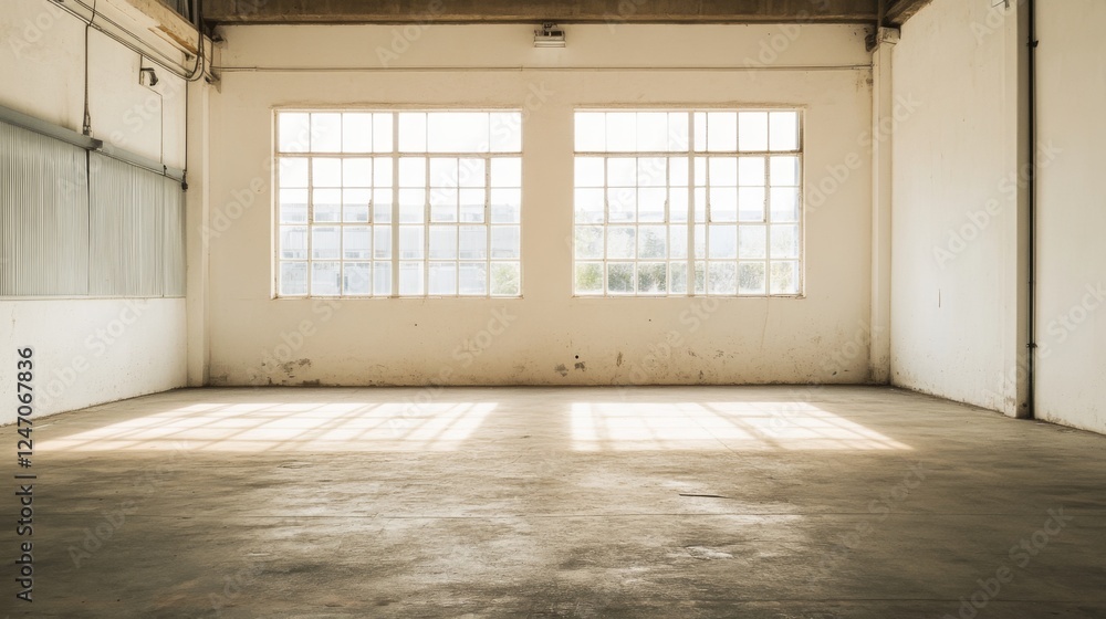 Empty Factory Interior Sunlight Through Windows. Possible Use Stock photo Empty Factory Interior Sunlight Through Windows. Possible Use Stock photo
