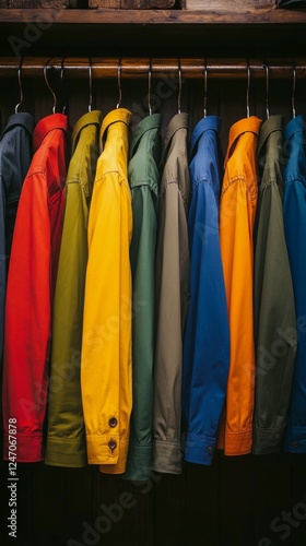 Colorful shirts displayed on hangers in a clothing store during the afternoon