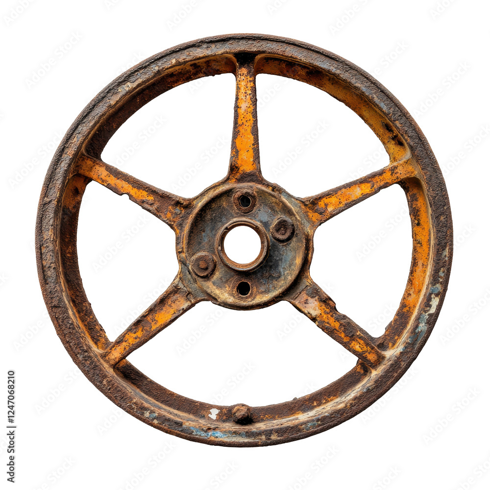 Obraz premium Rusty rimmed wheel showcasing a gap in the spokes with a Transparent background, Rusty Rimmed Wheel with a Gap in the Spokes, PNG background