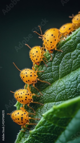 Yellow insects crawling on a green leaf in a close-up view during daylight hours