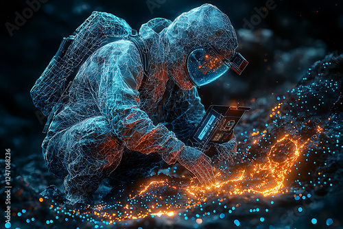 A glowing wireframe illustration of a geologist in a protective suit studying an active volcano with advanced scanning equipment, analyzing lava flows and seismic data. photo