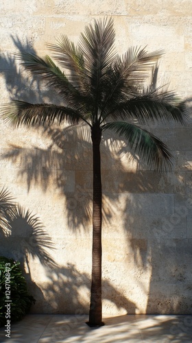 Shadow of a palm tree cast on an old wall in a tropical location during golde...