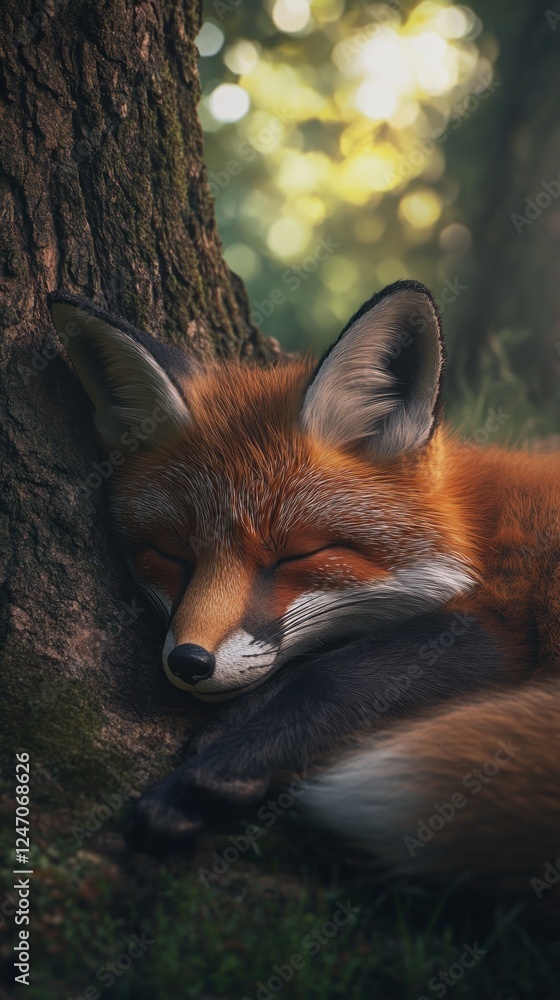 A red fox naps peacefully at the base of a tree in a sun-dappled forest. A red fox naps peacefully at the base of a tree in a sun-dappled forest.