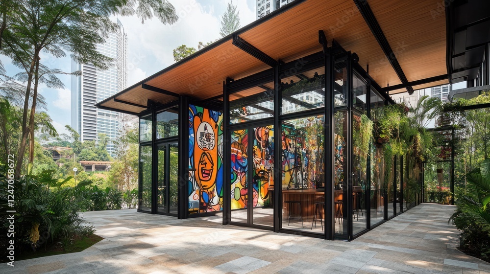Modern glass pavilion with vibrant artwork, situated amidst lush greenery and urban cityscape. Modern glass pavilion with vibrant artwork, situated amidst lush greenery and urban cityscape.