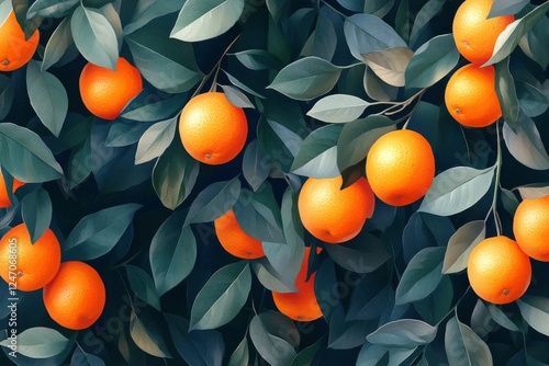 Lush orange grove with ripe oranges among vibrant green leaves in bright sunl...