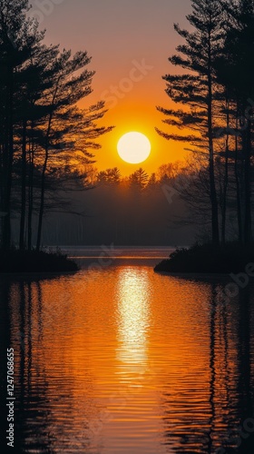 Sunset over a tranquil lake in a forested area reflecting vibrant colors and ...