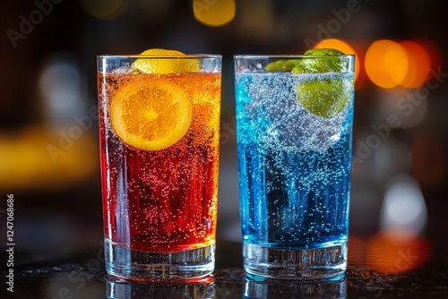 Colorful fizzy drinks with citrus garnishes in glasses at a lively bar setting