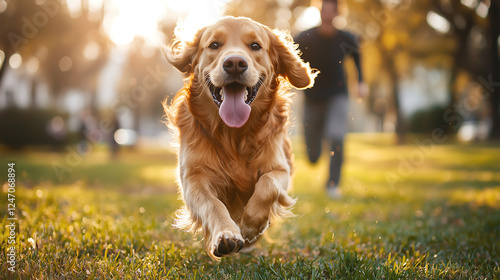 happy golden retriever running joyfully in sunny park with its tongue out and big smile while its owner follows in the background capturing the playful energy and excitement of outdoor fun photo