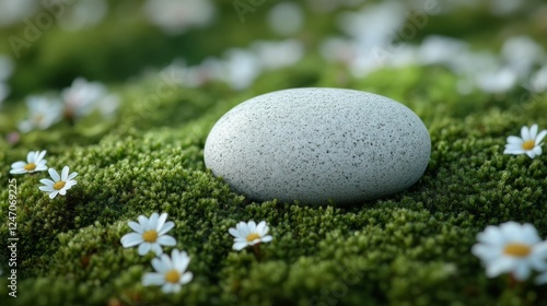 Unique textured rock resting on green grass under bright daylight in a serene...