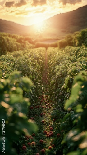 Ripe raspberries hanging on vines illuminated by warm sunlight during golden ...