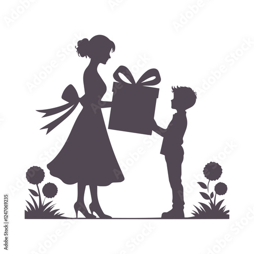 Mother and Son with a Gift Box Happy Mothers Day Silhouette Vector Design Illustration