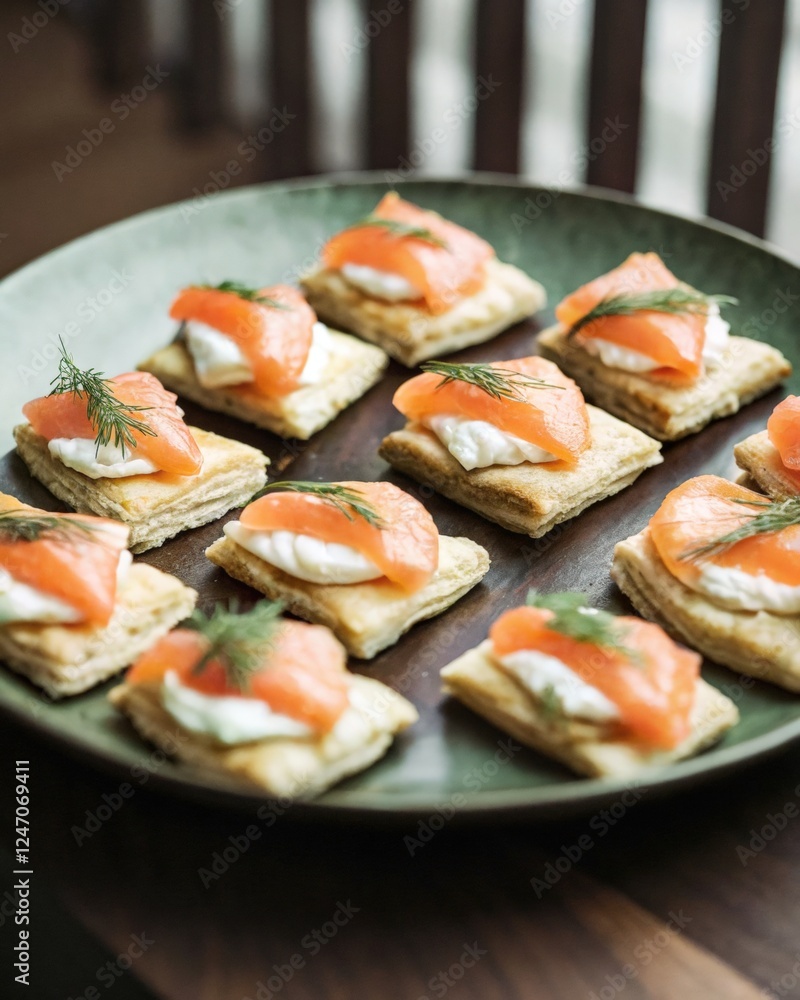 Smoked Salmon & Cream Cheese Puff Pastry Bites: Elegant smoked salmon canapés, artfully arranged on a rustic green plate. Each bite features creamy cheese, delicate salmon slices. Smoked Salmon & Cream Cheese Puff Pastry Bites: Elegant smoked salmon canapés, artfully arranged on a rustic green plate. Each bite features creamy cheese, delicate salmon slices.
