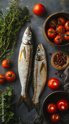 Fresh fish and ripe tomatoes arranged on a dark kitchen surface with herbs an...